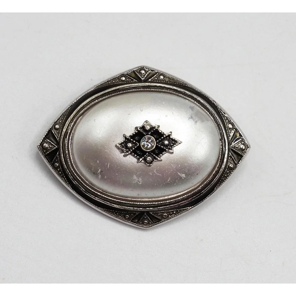 Avon Vintage Art Deco Faux Pearl Rhinestone Brooch Scarf Slide Silver Tone